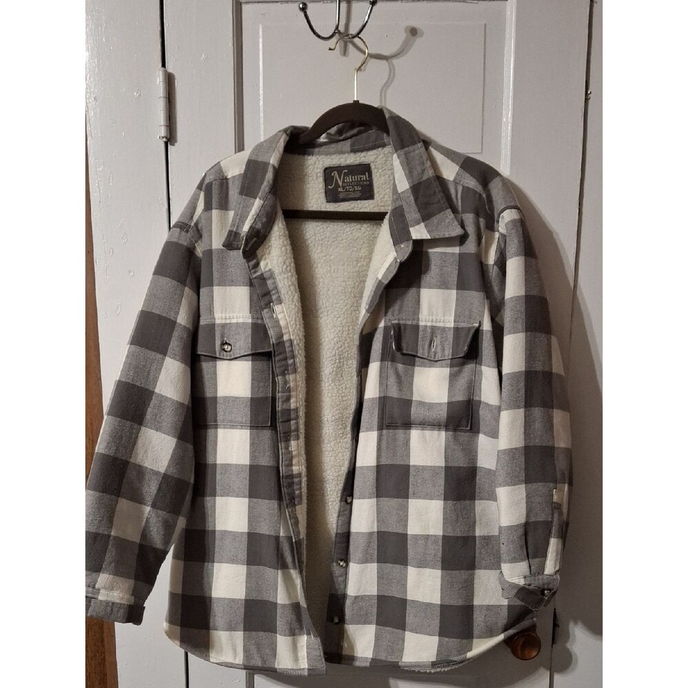 Natural Reflections Gray and White Plaid Sherpa-Lined Shirt Jacket
